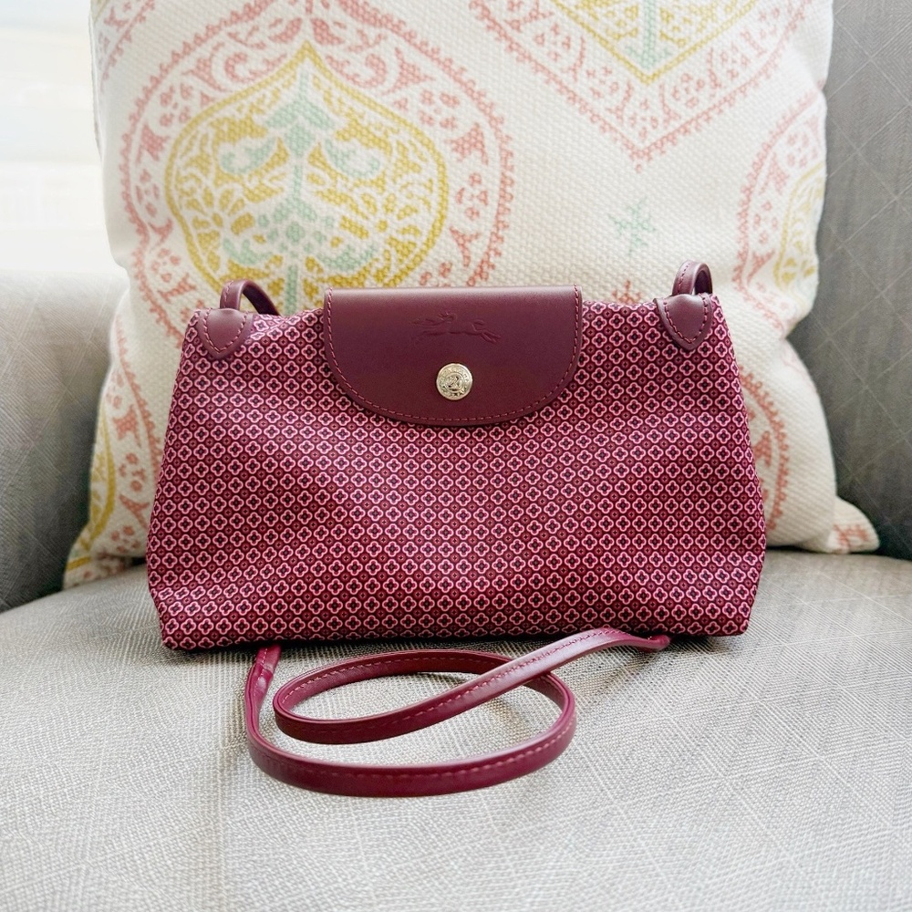 Longchamp Le Pliage Nylon Mini Crossbody Bag, Dandy Print, Fig Bordeaux